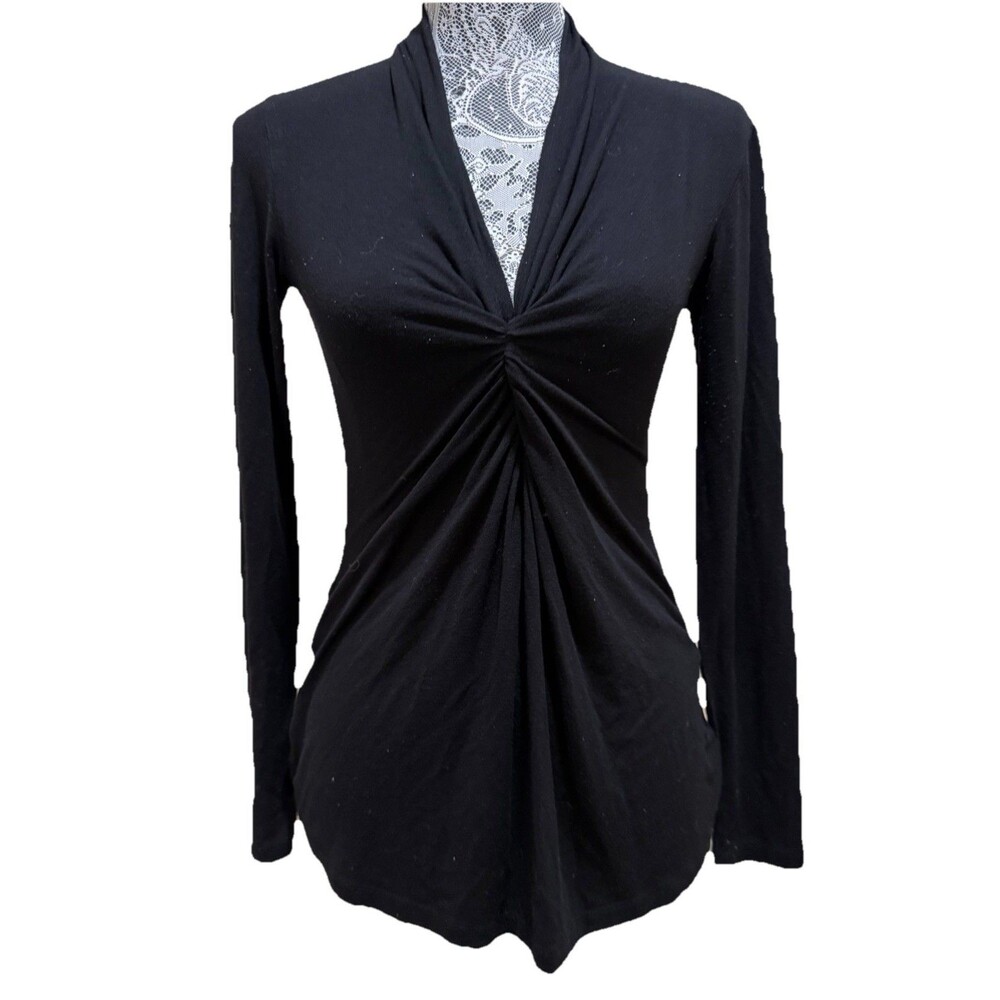 Olian Women S Black Ruched Twist Front V Neck Long Sleeve Stretch Tunic Top